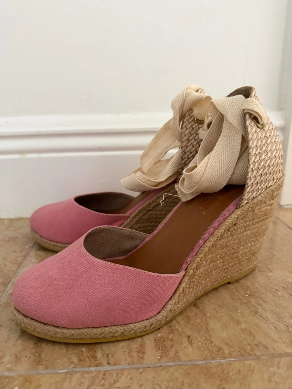 Pink Espadrille Wedge with Cream Ankle Tie